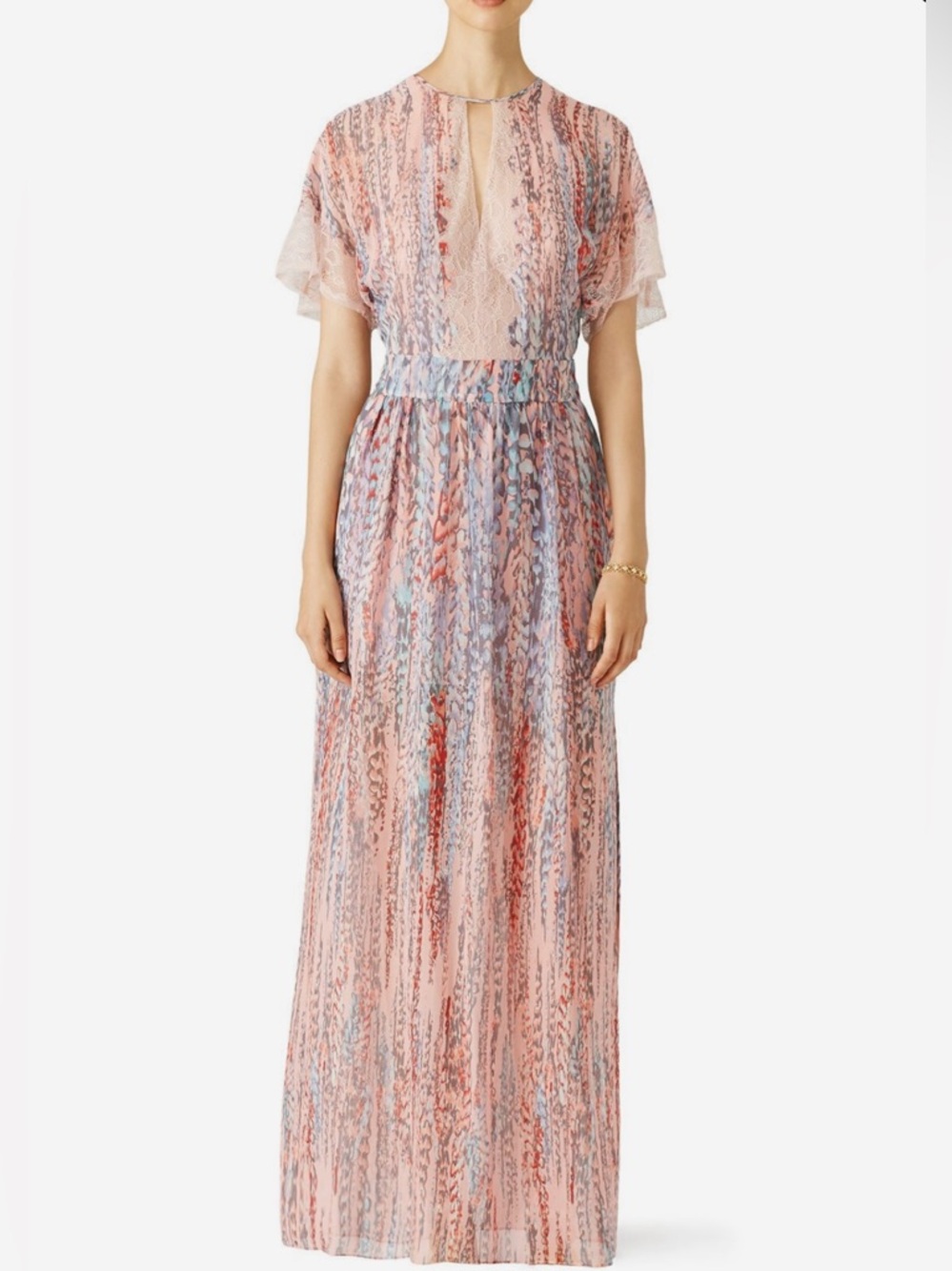 BCBG Pink Printed Lace Detail Open Back Maxi Dress Romantic Flutter Sleeve #0126